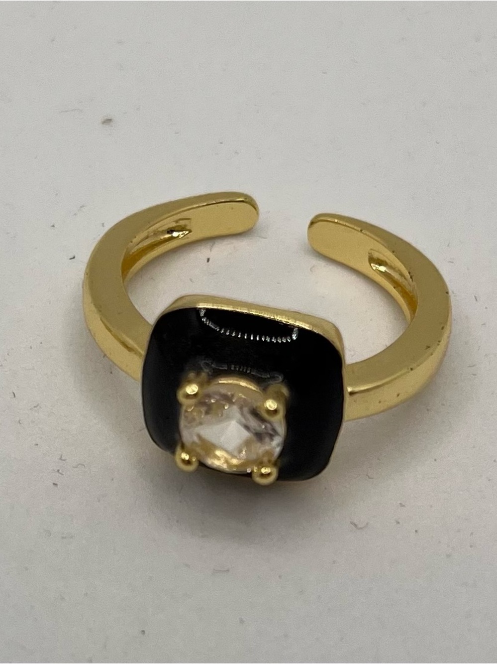 Gold-Tone Ring with BlackEnamel and Clear Stone - Women's Jewelry